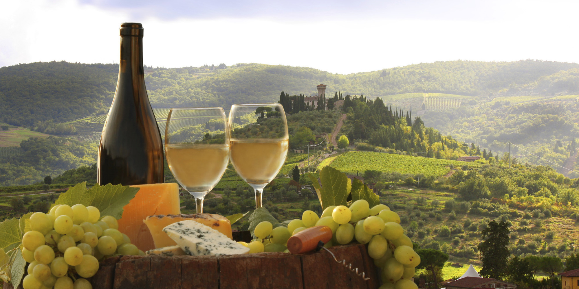 Chianti landscape with bottle of wine in Italy