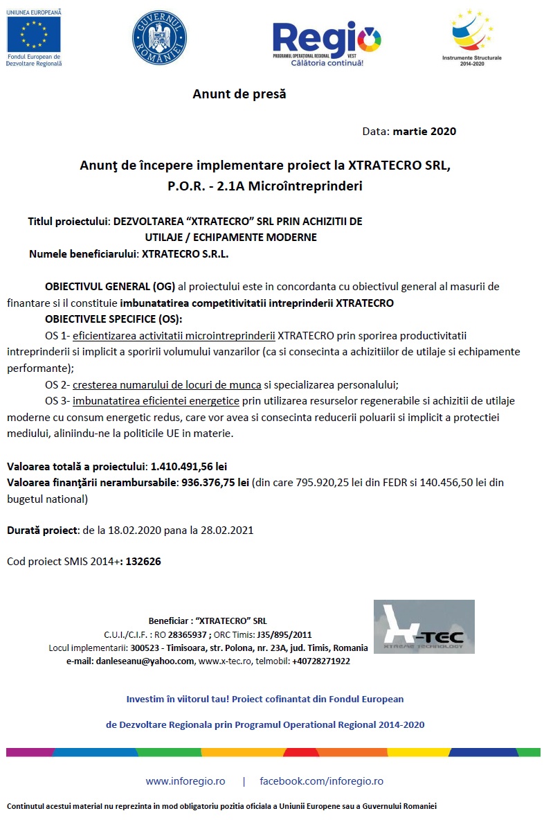 Anunţ de începere implementare proiect la XTRATECRO SRL, P.O.R. – 2.1A Microîntreprinderi