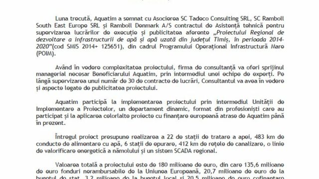 Aquatim a semnat contractul de asistență tehnică pentru Proiectul Regional de dezvoltare a infrastructurii de apă și apă uzată din județul Timiș