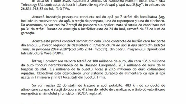 Aquatim a atras fonduri europene pentru apă și canalizare în Șag
